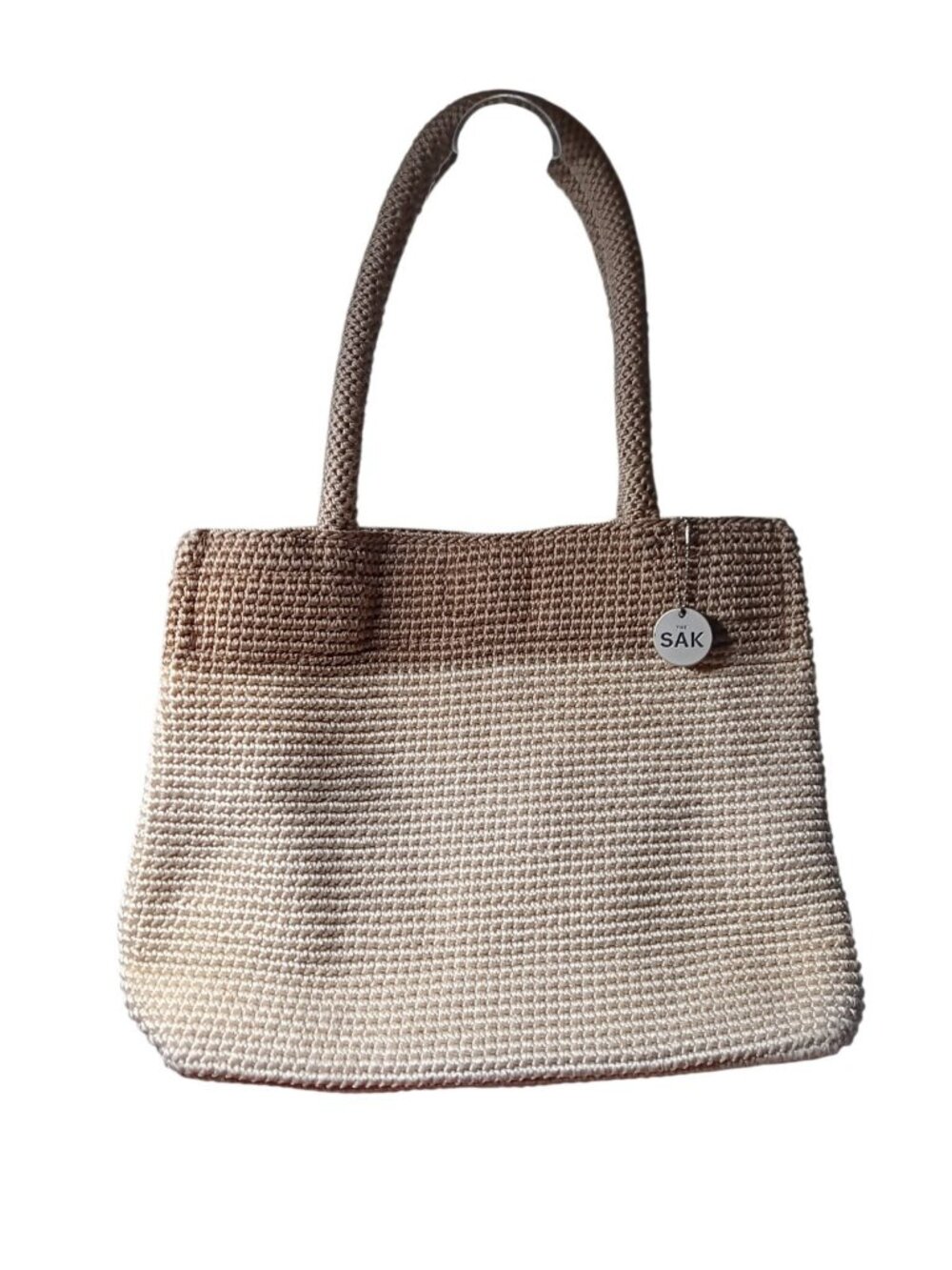 Classic The Sak Crochet Tote 2-Tone Neutral Tan Woven Purse Magnetic Snap w/ Fob